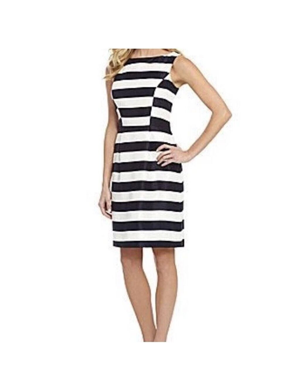 ANTONIO MELANI Black and White Striped Midi Sheath Dress